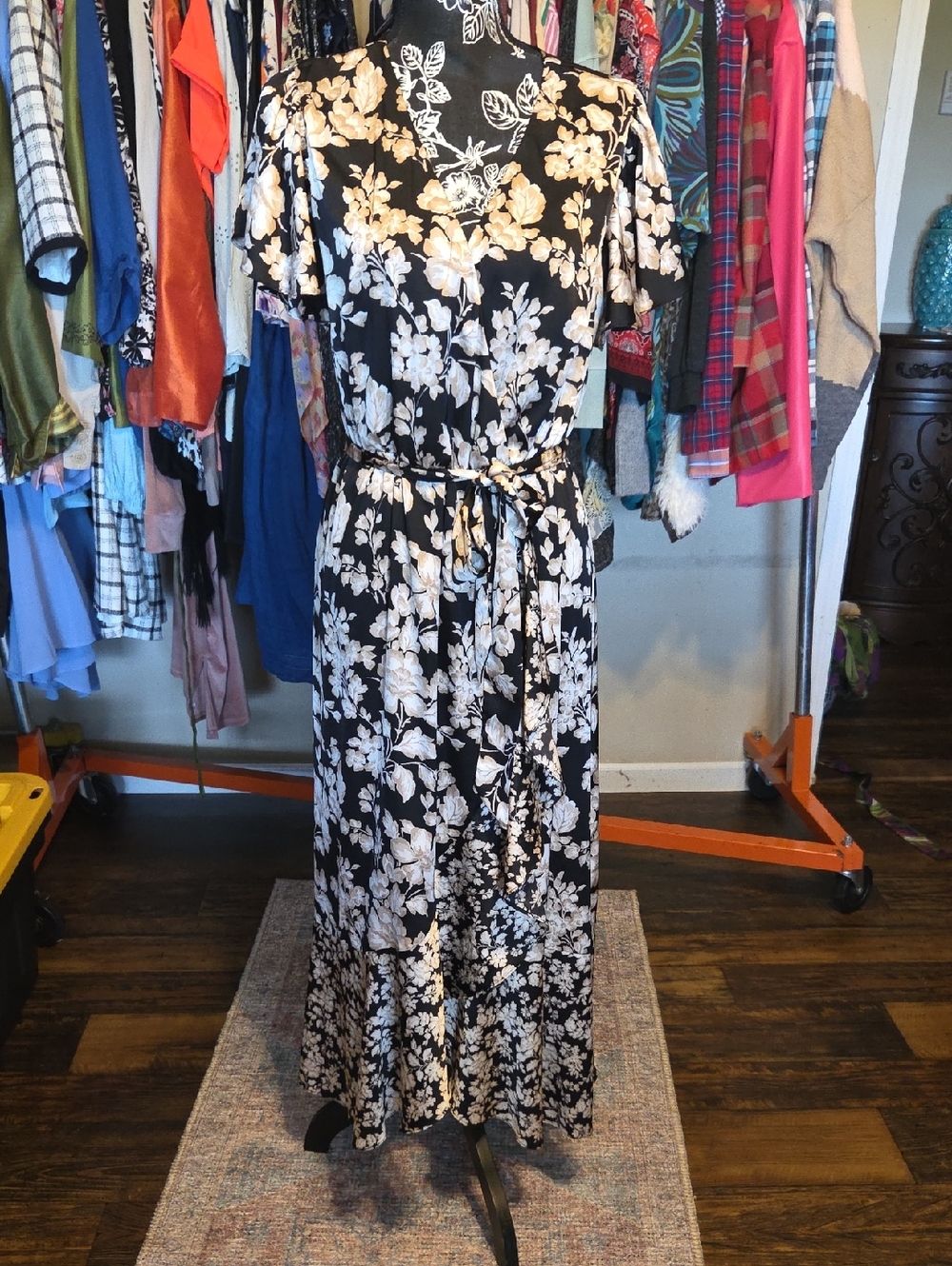 Nicole Miller Black Maxi Dress with Cream Floral Print